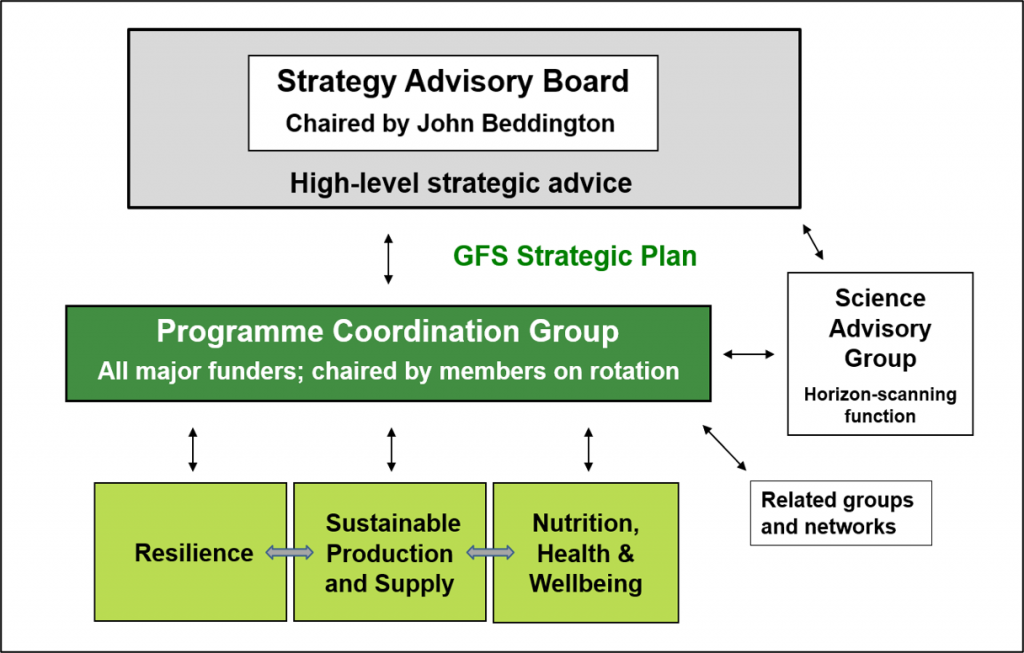 A diagram to show the governance structure of the Global Food Security Programme, including the Strategy Advisory Board, Programme Coordination Group and Science Advisory Group. 