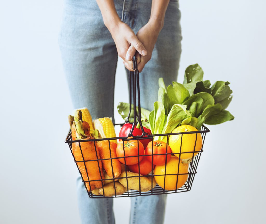 Fruit and vegetables in a shopping basket