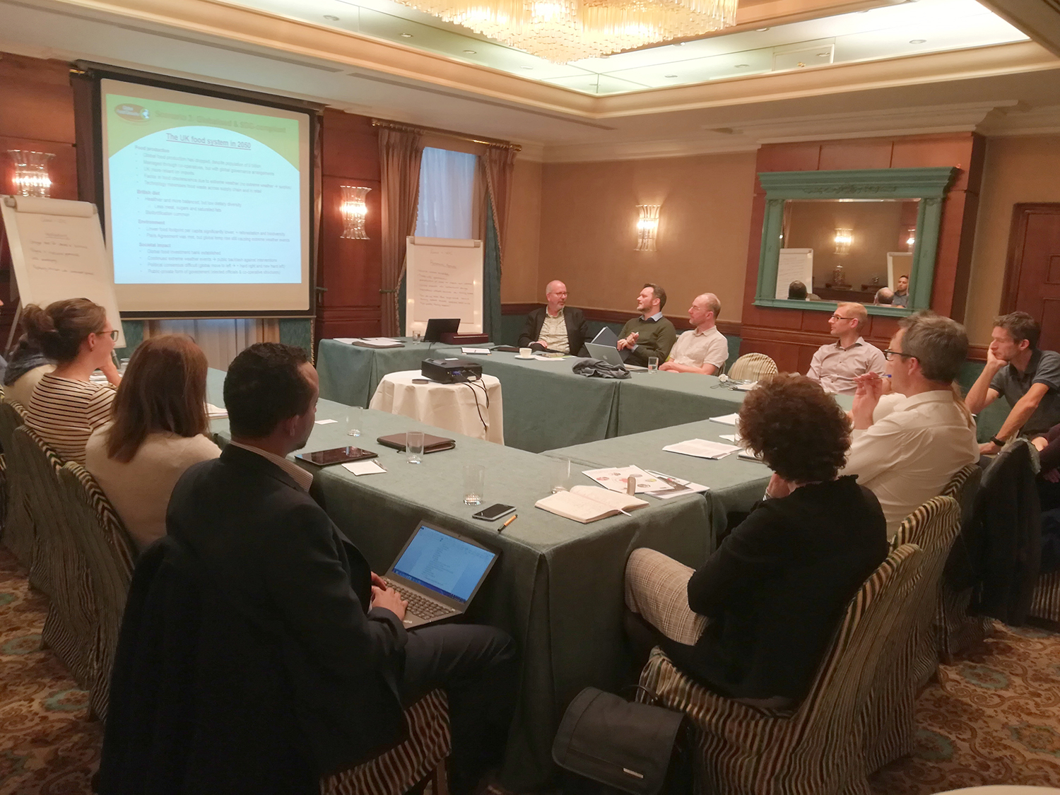 people sitting round a meeting table with presentation projected on screen