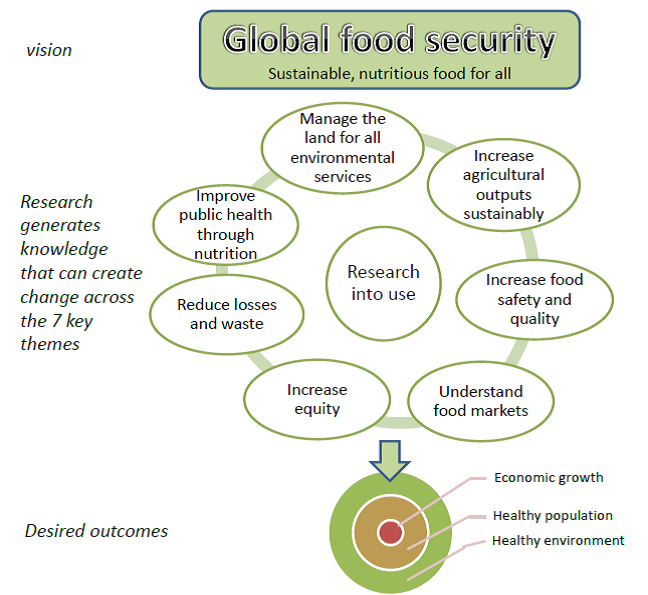 Diagram showing seven key research themes for food security research