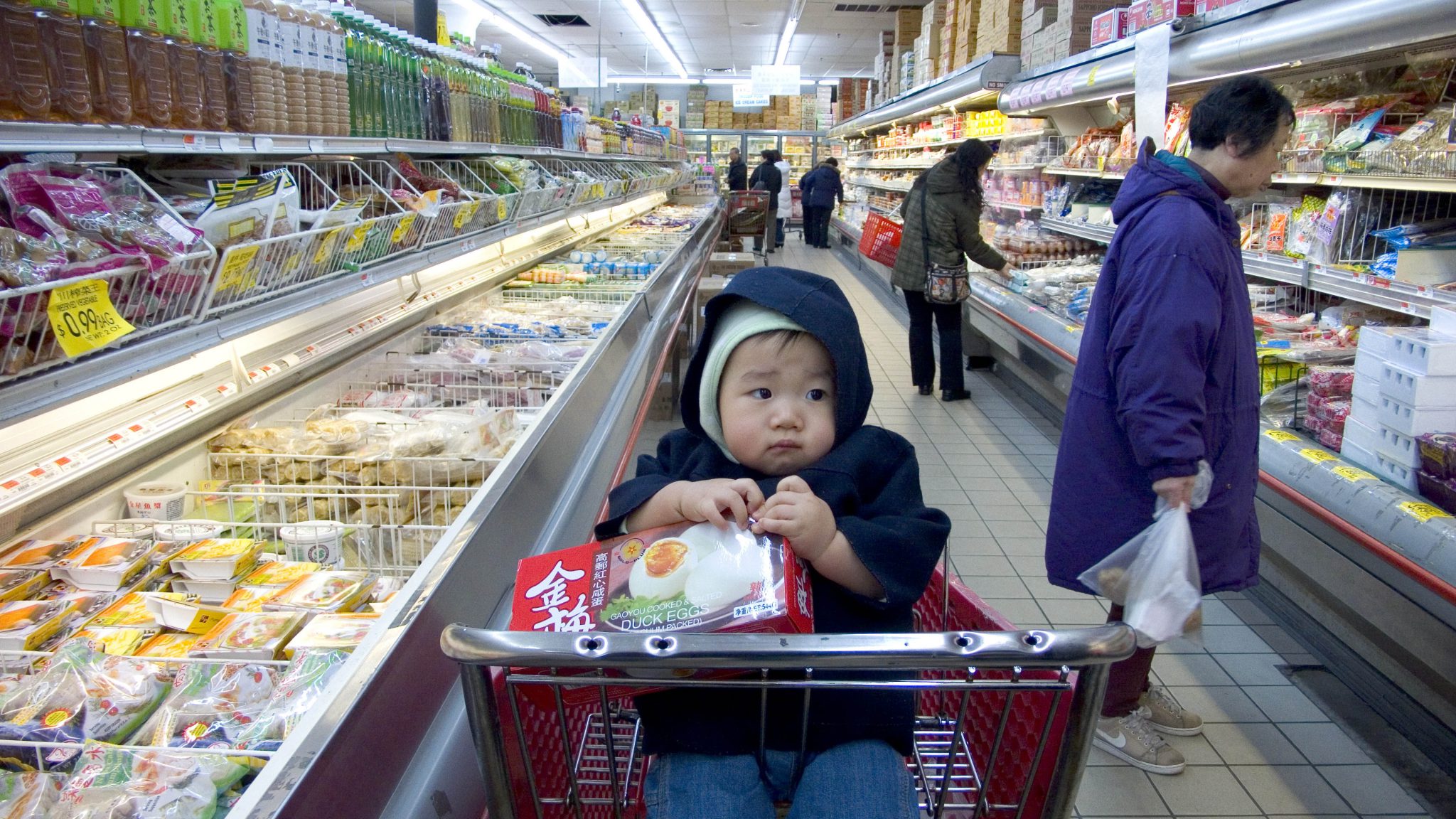 Baby in supermarket trolley