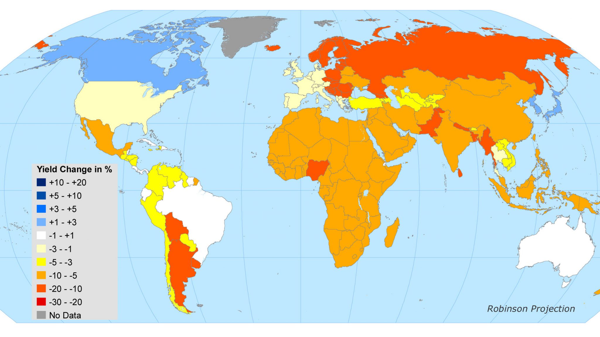 Global map indicating yield change in %