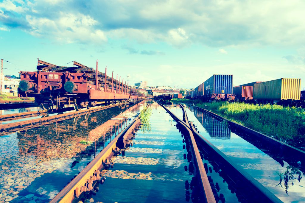Train cars on the flooded rail